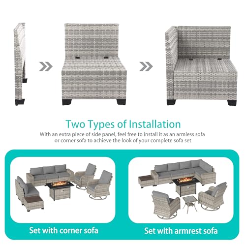 Muphyers 10-Piece Outdoor Patio Furniture Set with Rocking Swivel Chair, PE Wicker Rattan Sectional Sofa Patio Conversation Set with 55,000 BTU Fire Pit Table & Coffee Table, Grey