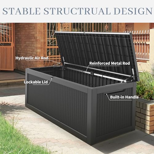 WTFGO 320 Gallon Outdoor Storage Box, Resin Deck Boxes Outdoor Waterproof For Patio Furniture, Garden Tools, Pool Supplies, Lockable And UV Resistant (Rattan Black)