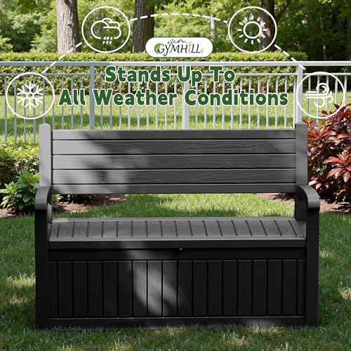 GYMHILL 80 Gallon Outdoor Storage Bench Spacious Storage Box Waterproof Resin Deck Box Lockable for Patio, Garden, Living Room & Outdoor Spaces（Black）