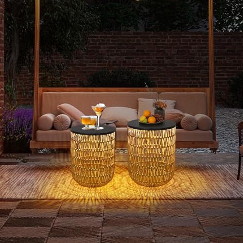 HMVPL Solar Outdoor Side Table Set of 2 with Dimmable Light, Round Patio Side Table for Outside, Outdoor End Accent Tables, Plastic Rattan Patio End Table for Poolside Backyard Gazebo, Dusk to Dawn
