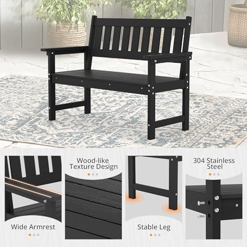 LUE BONA Outdoor Bench, 2-Person HDPS Garden Bench, Outdoor Benches Weatherproof, All-Weather Fade/Rot Resistant Patio Bench for Park, Front Porch, Backyard (Black)