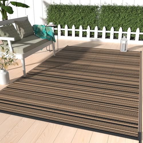 GENIMO Outdoor Rug 5x8 ft Waterproof, Reversible Plastic Straw Patio Rug for RV Camping Mat, Deck, Backyard Balcony Mat - Lightweight & Easy to Clean, BlackBrown