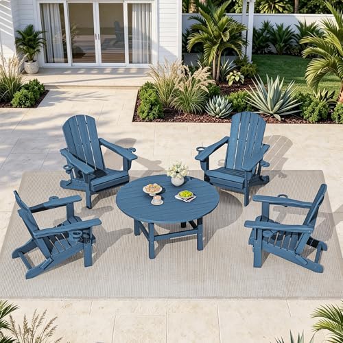SERWALL 35.5'' Round Outdoor Table with Umbrella Hole, HDPE Weatherproof Coffee Table, Blue