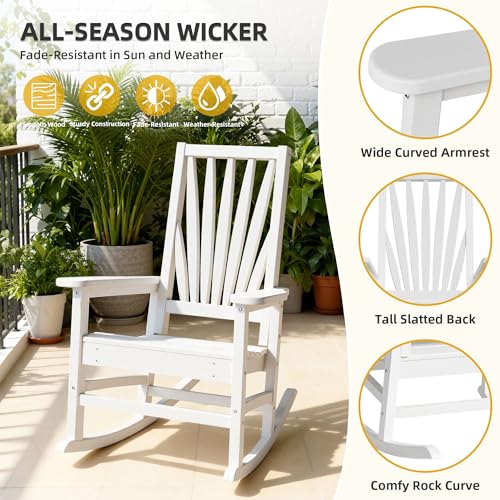DWVO Outdoor Rocking Chair, Patio Rocker with Windsor Backrest & Wide Armrests, HDPE Patio Chair, 30° Rocking Motion, Outdoor Rocker for Porch, Balcony, Garden Seating, White
