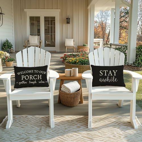 PANDICORN Welcome to Our Porch Stay Awhile Farmhouse Black and White Outdoor Lumbar Decorative Throw Pillow Covers 12x20 Inch Set of 2 Cozy Relax Porch Patio Decorations for Home Couch Bench Decor