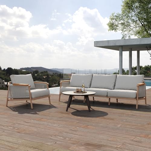 Acanva Modern All-Weather Aluminum Outdoor Patio Sofa with Thick Cushions, Olefin Fabric Sunroom Backyard Furniture, Couch Light Khaki