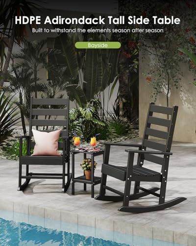 GREENVINES Tall-Outdoor-Side-Table Set of 2 | 23.5" | HDPE Plastic | Patio Adirondack End Tables | All Weather | 2-Tier | Black | for Porch Garden Indoor & Rocking Chairs