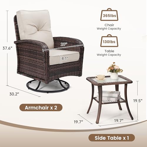 wildformers Luxury Outdoor Swivel Wicker Glider Patio Chairs with Table Set, Overstuffed Washable Cushions, Ideal for Porch, Balcony, Deck, Brown Rattan and Beige Cushion