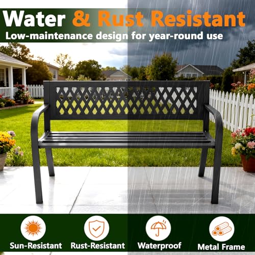 MAKE CHANGES Outdoor Bench, Garden Patio Park Entryway Metal Bench with Comfortable Backrest, Sturdy Heavy Duty Loveseat Front Porch Backyard Lawn Furniture for Outside