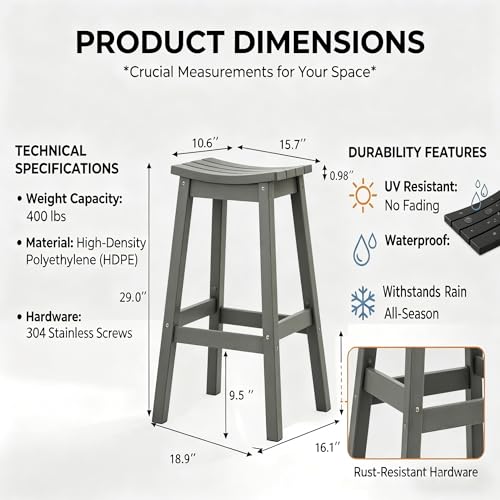 AMILY HDPE Bar Stool Set of 2, Outdoor Bar Height 29‘’, Heavy Duty All-Weather Patio Stool for Poolside, Backyard, Balcony, Easy Assembly (Grey)
