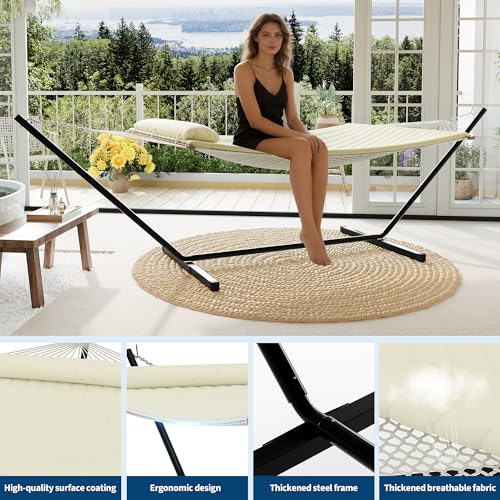 Garvee 2 Person Portable Double Hammock for Outdoor with Pillow, Heavy Duty Portable Hammock with Adjustable Steel Stand for Patio, Garden, Beach, Backyard