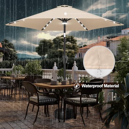 FLAME&SHADE 10ft Solar Outdoor Umbrella - 24 LED Lighted Patio Umbrella with Centre Surround Light, Table Umbrellas with Tilt & Crank for Pool, Porch, Garden, Deck, Backyard UV Protection (Beige)