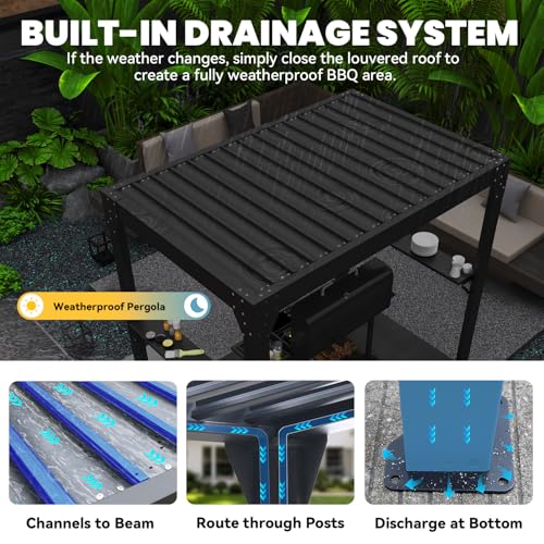 UPHYB 8x5 Louvered Pergola, Aluminum BBQ Pergola, Hardtop Gazebo for Outdoor Grill, Adjustable Rainproof Roof, Pergolas for Patio, Black
