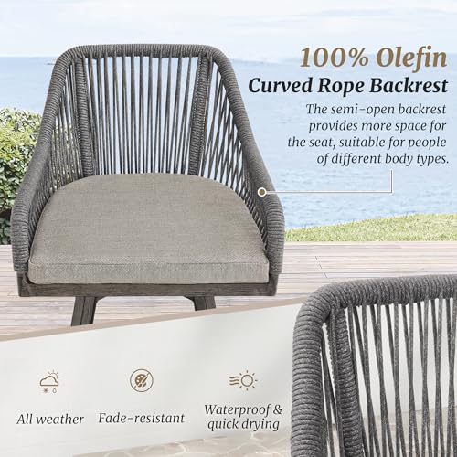 Cozyman Outdoor Bar Stools Set of 4, 360° Swivel Aluminum Rattan Bar Stool with Olefin Rope Curved Backrest and Armrest, Modern Barstools with Removable Cushion for Patio, Garden, Kitchen, Grey