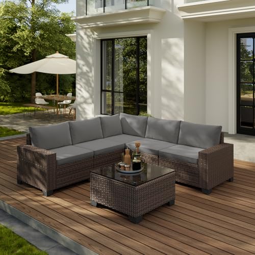 Gizoon 6-Piece Outdoor Patio Furniture Set, PE Wicker Rattan Sectional Sofa Conversation Set with Thickened Cushions and Coffee Table, All-Weather Patio Furniture for Garden, Backyard, Poolside, Grey