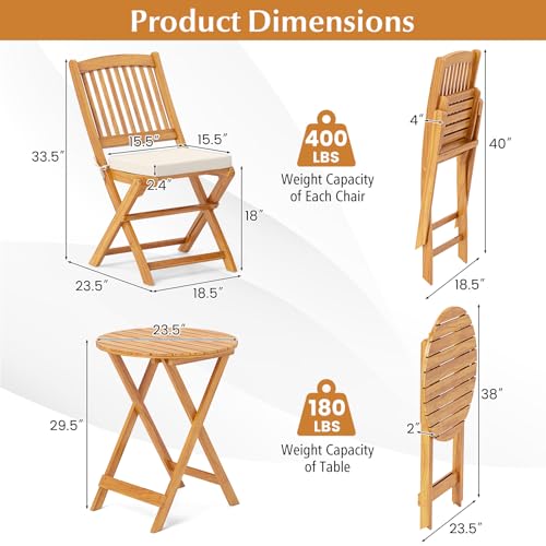 Tangkula 3 Pieces Acacia Wood Patio Folding Bistro Set, Outdoor Table and Chairs Set with Soft Cushions, Patio Furniture Set for Porch, Balcony, Garden, Deck and Backyard