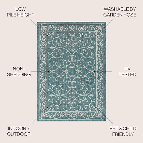 JONATHAN Y Vintage Filigree Indoor Outdoor Area Rug 8X10 Teal/Gray, Charleston Textured Weave for Backyard, Patio, Porch, Easy-Cleaning, High Traffic, Pet-Friendly, Non-Shedding (SMB106F-8)