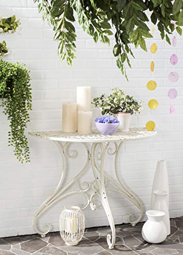 SAFAVIEH Outdoor - Annalise Half-Moon Accent Table - Antique White Iron Metal - Vintage Baroque Scrollwork - Ideal for Patio, Deck, Porch, Garden, 35.5" W x 18.5" D x 29" H (PAT5008A)