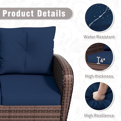 Qsoer Patio 3-Seater Sofa, PE Wicker Outdoor Lounge with Thick Removable Cushions, Rust-Proof Steel Frame, 900LBS Capacity, Blue