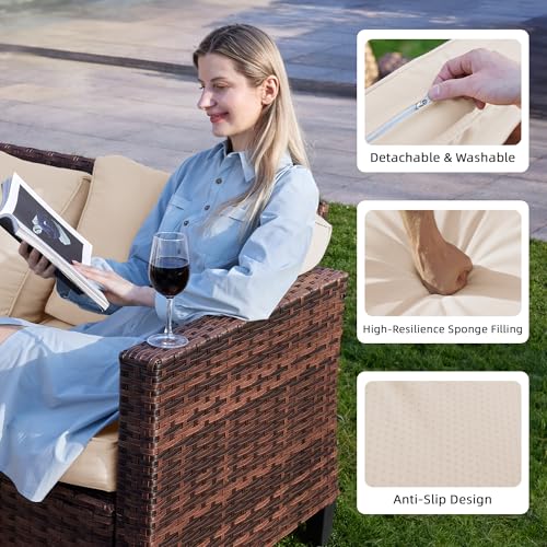 UDPATIO Patio Furniture Set, 5 Pieces Outdoor Conversation Sets with Rocking Swivel Chairs, Wicker Rattan Outdoor Sofa Set with Storage Table and Waterproof Covers for Backyard, Deck, Porch, Khaki
