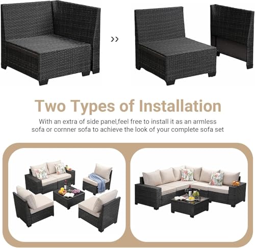SunloungeCo Patio Furniture Set, 6 Pieces Outdoor Couch Sofa with Wider Armrests & Glass Coffee Table, Outdoor Sectional Furniture with Thick Cushions for Party, Poolside,Garden-Beige