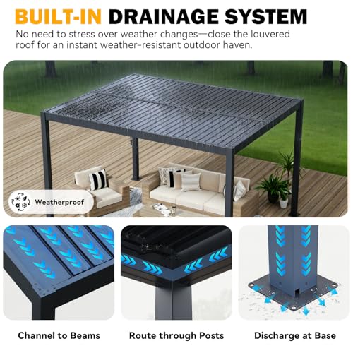 MELLCOM Pergola Louvered 10x12, Metal Hardtop Pergola with Adjustable Roof for Sun & Rain Shade, Outdoor Gazebo with Integrated Drainage System, Modern Rustproof Patio Canopy Carport