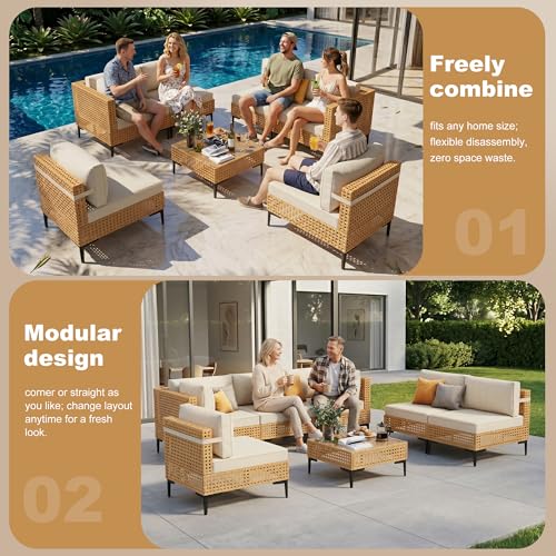 ABCASA Patio Furniture Set, 110" Large 7-Piece Wicker Outdoor Patio Furniture Sets with Anti-Slip Cushions & Coffee Table,Boho Patio Conversation Set Sectional Sofa for Backyard,Porch,Beige