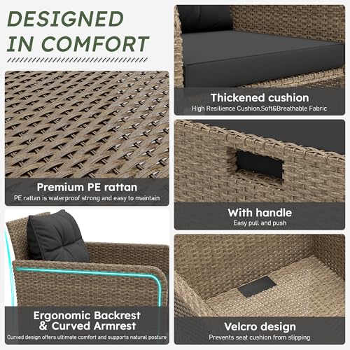 GULAIMOAO Balcony Furniture 5 Pieces Patio Set, Hand-Woven Rattan Patio Conversation Set with Soft Cushions & Coffee Table, Outdoor Chairs with Hidden Ottoman for Porch, Lawn, Garden, Balcony, Black