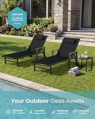 Ciokea Outdoor Lounge Chair with Pillow, 5-Position Aluminum Chaise Lounge with Wheels & Armrests, 400 lbs Heavy Duty Patio Pool Chair for Deck, Backyard, Beach & Poolside, Black
