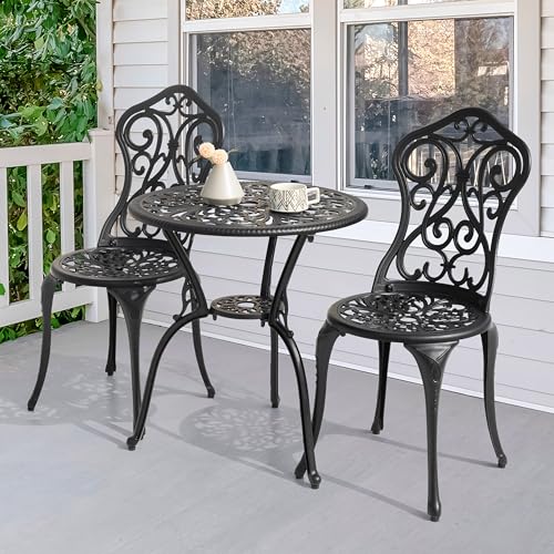 NUU GARDEN 3 Pieces Patio Bistro Set, Outdoor Bistro Set with 2 Chairs, Round Table with Umbrella Hole, All-Weather Outdoor Patio Bistro Set for Garden, Lawn, Poolside, Porch, Black