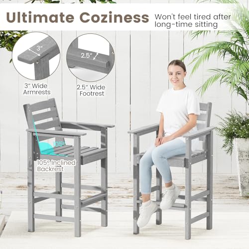 Tangkula Patio Adirondack Chairs Set of 2, HDPE Bar Height Chair with Wide Armrests & Footrest, Outdoor High-Top Slatted Bar Chairs with Backrest for Backyard, Lawn, Poolside (Grey)