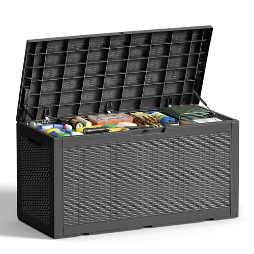 EFU Outdoor Storage Box 100 Gallon Deck Box Resin Outdoor Toy Storage With Lockable Lid, Hydraulic Struts, Rattan Style Package Delivery Boxes for Outside Patio Yard Garden (Black)