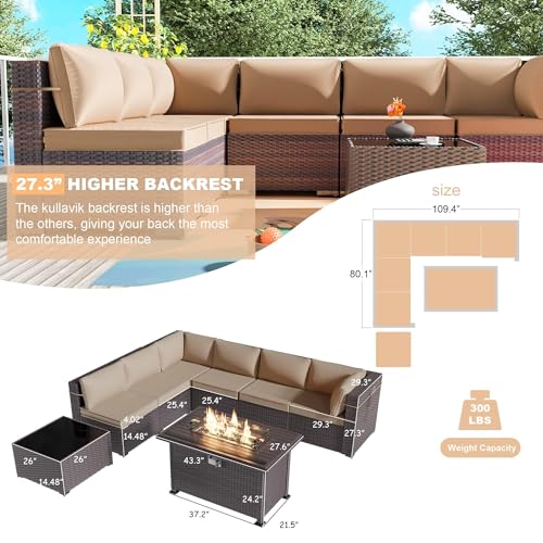 Kullavik 8 Pieces Outdoor Patio Furniture Set,Sectional Sofa Set with 43" 55000 BTU Gas Propane Fire Pit Table,Brown PE Rattan Wicker Patio Conversation Set,Sand