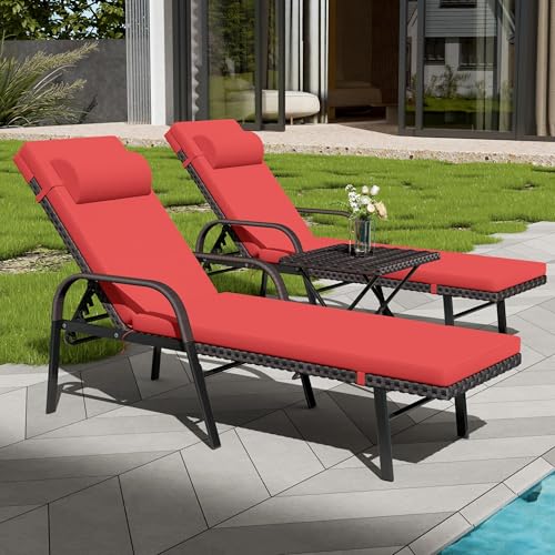 ASJMR Patio Chaise Lounge Set 3 Pieces Outdoor Lounge Chair with Rattan Adjustable Backrest Armrest and Folding Table for Beach Patio,Sand, for Poolside Backyard Porch