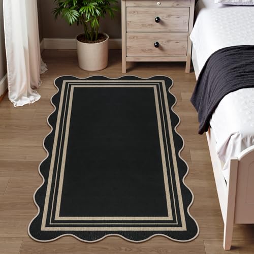 LORWER Scalloped Easy Jute 3x5 Outdoor Rug, Washable Rugs for Entryway Black Front Door Mat, Farmhouse Neutral Non Slip Indoor Carpet for Patio Living Room Backyard