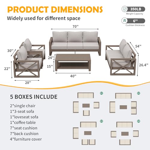 Amopatio Aluminum Patio Furniture Set, 8 Pieces Modern Metal Outdoor Furniture, Faux Wood Grain Finish Frame Patio Sofa Sets with 6" Cushion for Backyard, Beige (Included Waterproof Covers)