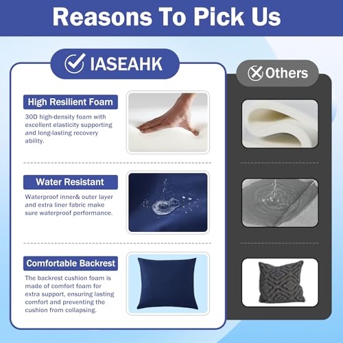IASEAHK Outdoor Chair Cushions, 24 x 24 Inch Outdoor Cushion for Patio Furniture, Patio Chair Cushion, Waterproof & Fade Resistant Deep Patio Furniture Cushions Set with Handle and Ties, Navy Blue