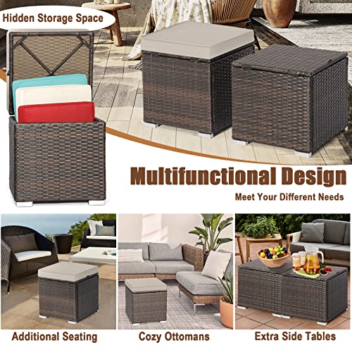 DORTALA Outdoor Storage Ottoman Wicker 2 Piece, Patio Ottomans PE Rattan Foot Rest Footstool with Cushions for Couch, Chair, Beige