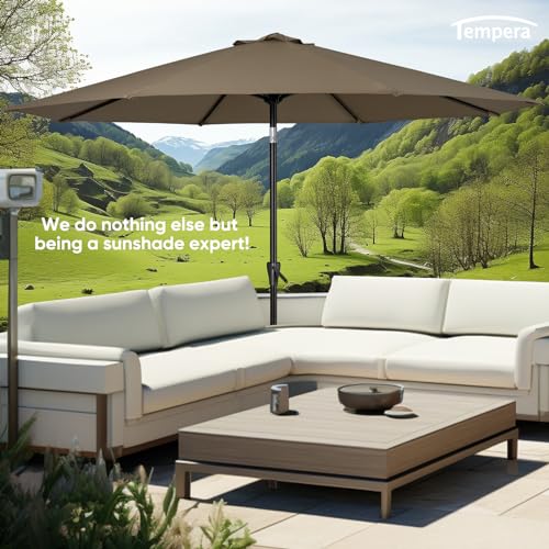 Tempera 9ft Patio Market Outdoor Table Umbrella with Push Button Tilt and Crank, Large Sun Umbrella with Sturdy Pole & Fade Resistant Canopy, Easy to Set, Taupe