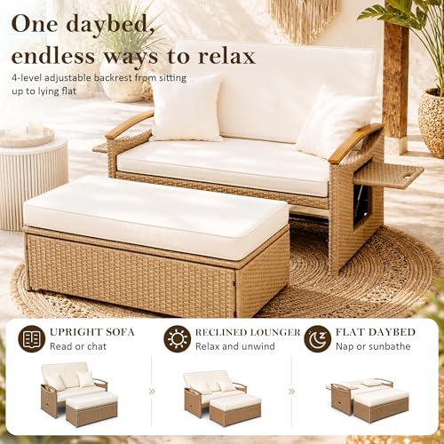 Ancelny Boho Outdoor Daybed, Natural Rattan Patio Loveseat with Storage Ottoman & All-Weather Plastic Wood Armrests, 1-Box Delivery Double Chaise Lounge w/Weather-Resistant Cushions,Beige