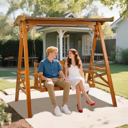 VINGLI Porch Swing with Stand, Porch Swing with Canopy, Waterproof Patio Swing with Cup Holder, Outdoor Swing Set for Garden, Yard, Patio, Teak