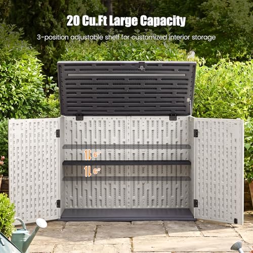 Tangkula Large Outdoor Storage Cabinet, 20 Cu.Ft Horizontal Resin Storage Shed with Adjustable Shelf & Lockable Doors, Weatherproof Patio Storage Box for Gardening Tools Cushions (White)