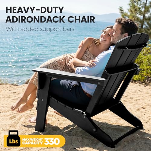 EcoVida Outdoors Folding Adirondack Chair, Lightweight & Portable HDPE Patio Chair, All-Weather Space-Saving Foldable Fire Pit Seating for Camping, Backyard, Deck-Black