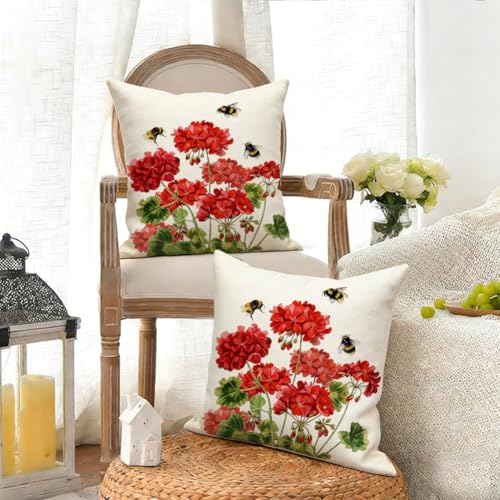 RABUSOFA Spring Summer Outdoor Geranium Pillow Covers 18x18 Inch Set of 2 Waterproof for Outside, Red Bee Holiday Farmhouse Seasonal Indoor Cushion Cases Decoration for Patio Furniture