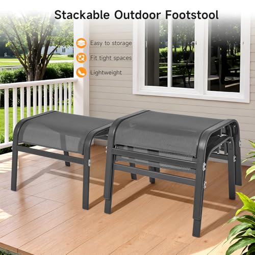 ONBRILL Outdoor Ottoman Set of 2, All Weather Outdoor Foot Stool with Supportive Textliene and Metal Frame, Stackable Oversized Outdoor Foot Rest for Furniture Patio Garden Pool, Grey