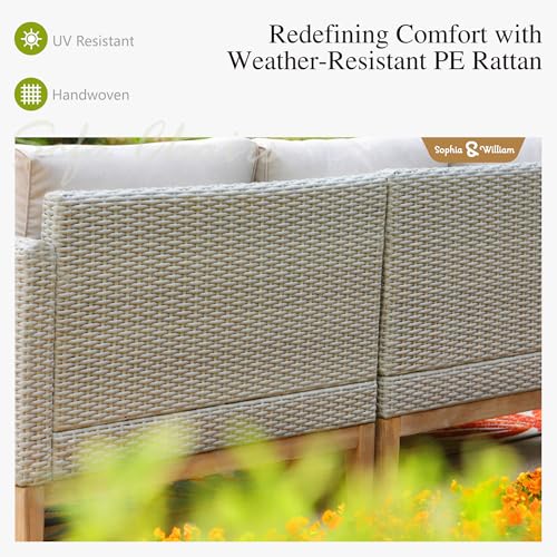 Sophia & William Patio Furniture Set, 5-Piece Wicker Patio Conversation Set, Rattan Outdoor Sectional Sofas with Ottomans & Wooden Coffee Table, Beige