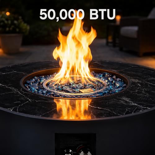 COMAZOO 2PCS 32 Inch Round Fire Pit Table with Tank Cover, 2-in-1 Outdoor Propane Fire Pit Table for Patio, Garden & Backyard, 50,000 BTU with Lid, Glass Rocks & Waterproof Cover, Black