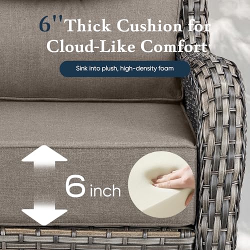 Belord Luxury 6" Thick Cushioned 11 Pieces Patio Furniture Set with Outdoor Couch, Wicker Outdoor Conversation Set with High Back Swivel Rocker Chairs for Deck Porch Yard and Poolside - Grey+Grey