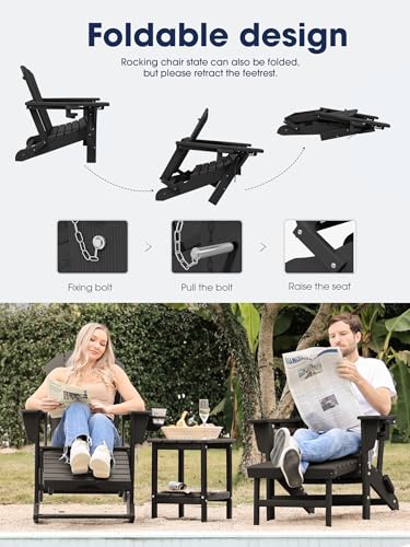 KINGYES Adirondack Rocking Chair with Retractable Ottoman and Cup Holders, HDPE Adirondack Rocker Patio Rocking Chair for Porch, Patio, Balcony, Black