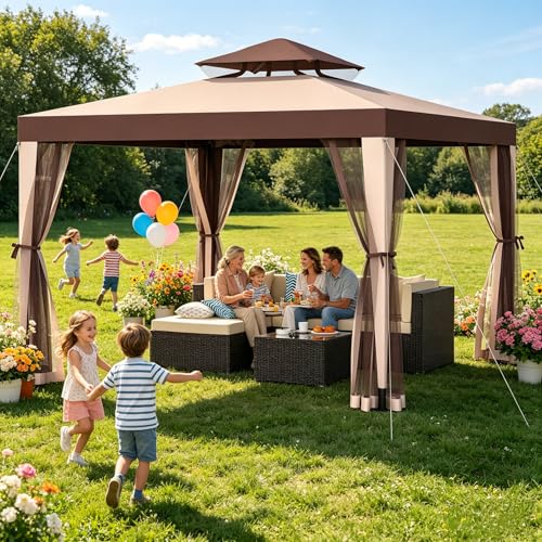 Outdoor Gazebo for Patio, 10×10 Canopy Tent with Mosquito Nettings & Double Roofs, Easy Setup Canopy Shelter for Party, Patio Gazebo for Lawn, Backyard, Garden (Red, 10'x10')